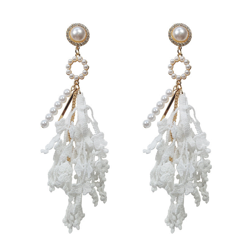 Personality Temperament Ladies Fringed Lace Flower Pearl Long Earrings Earrings Earrings Earrings Women