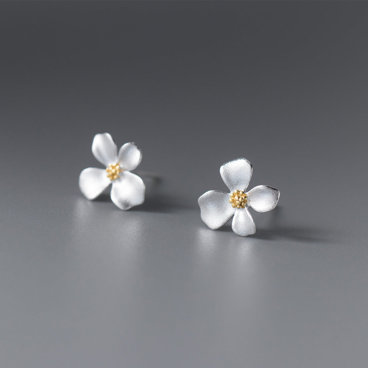 Sterling Silver Vintage Matte Gold Four-petal Flower Stud Earrings For Women