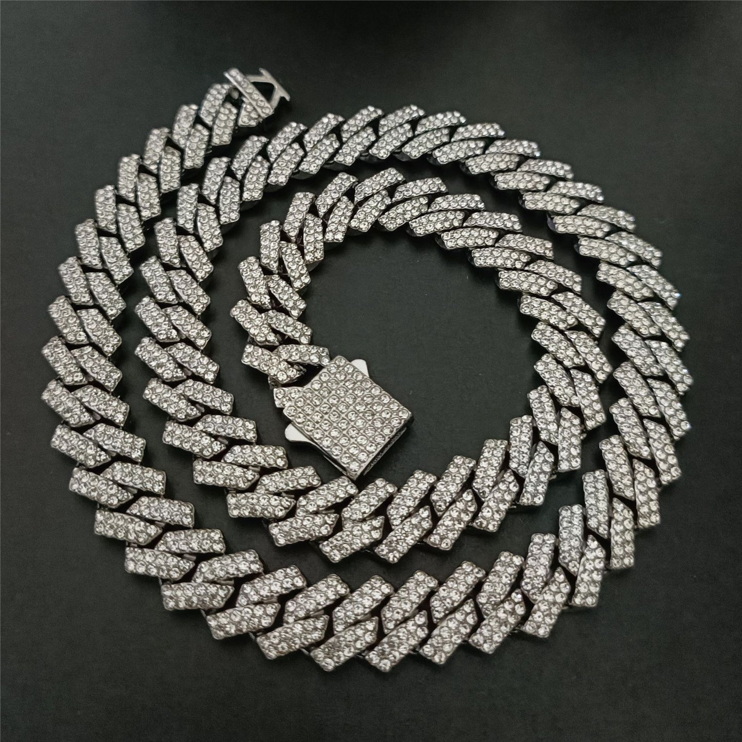 Diamond-shaped Full Diamond Cuban Link Chain Men's And Women's Fashion Necklace