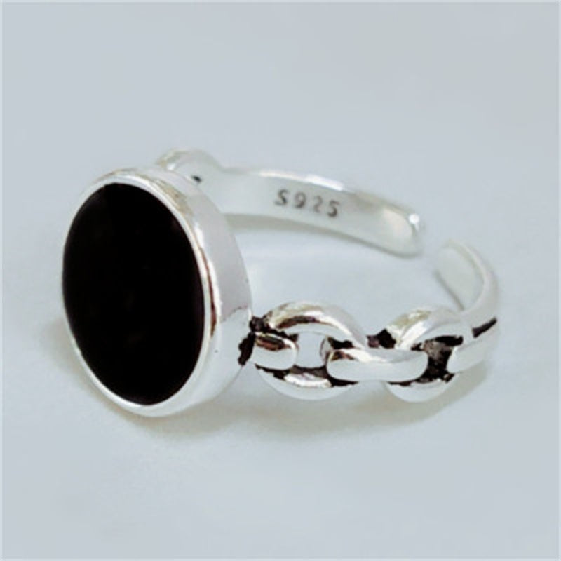 S925 Silver Black Dot Epoxy Round Open Ring Female Japanese And Korean Style Mori Personality Distressed Chain