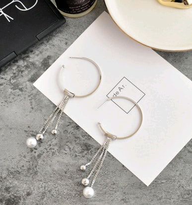 Geometric circle earrings female s925 sterling silver tassel long section pearl earrings fashion hypoallergenic earrings