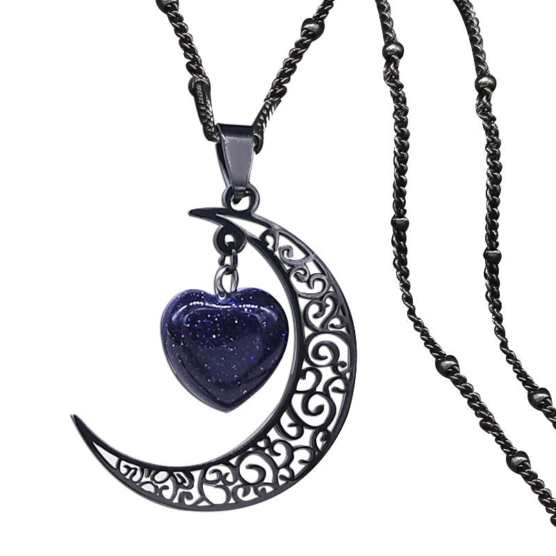 New Natural Stone Stainless Steel Necklace Vintage Moon Heart