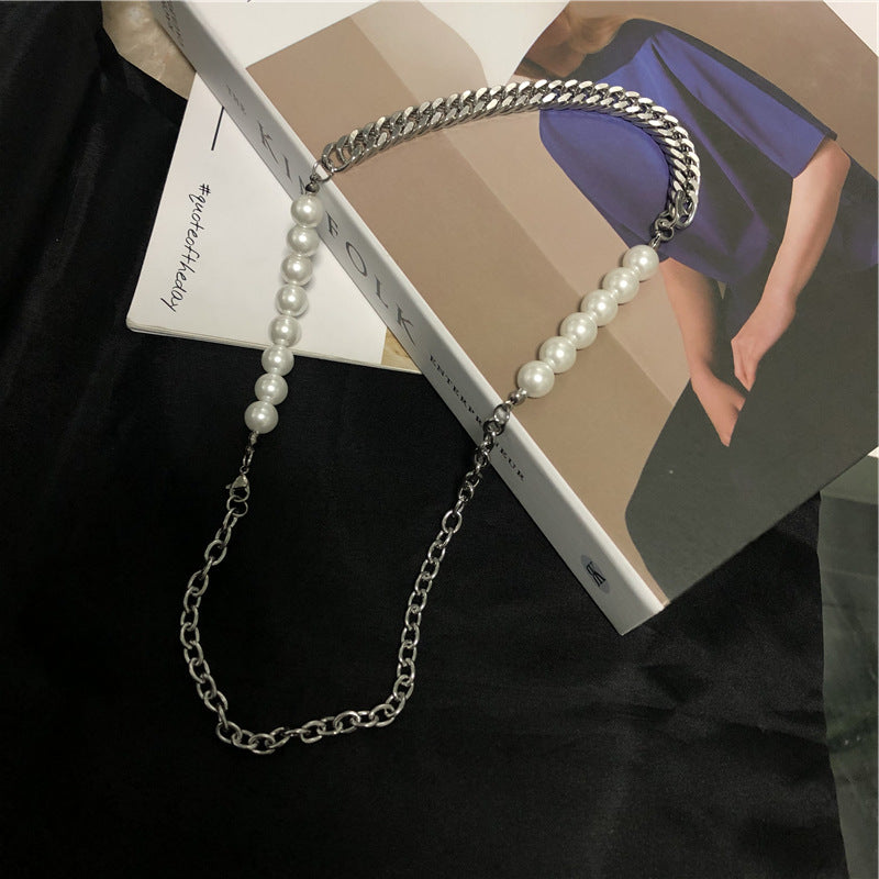 Titanium Steel Chain Stitching Pearl Necklace Cool Hip Hop