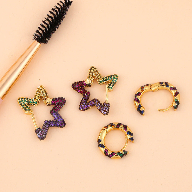 Earrings Personality Five-Pointed Star Earrings Female Color Zircon Earrings