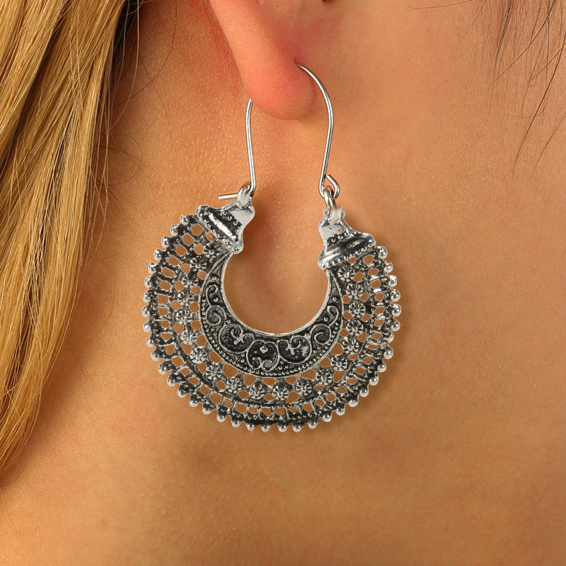 Carved openwork alloy earrings  fan earrings retro ethnic style earrings