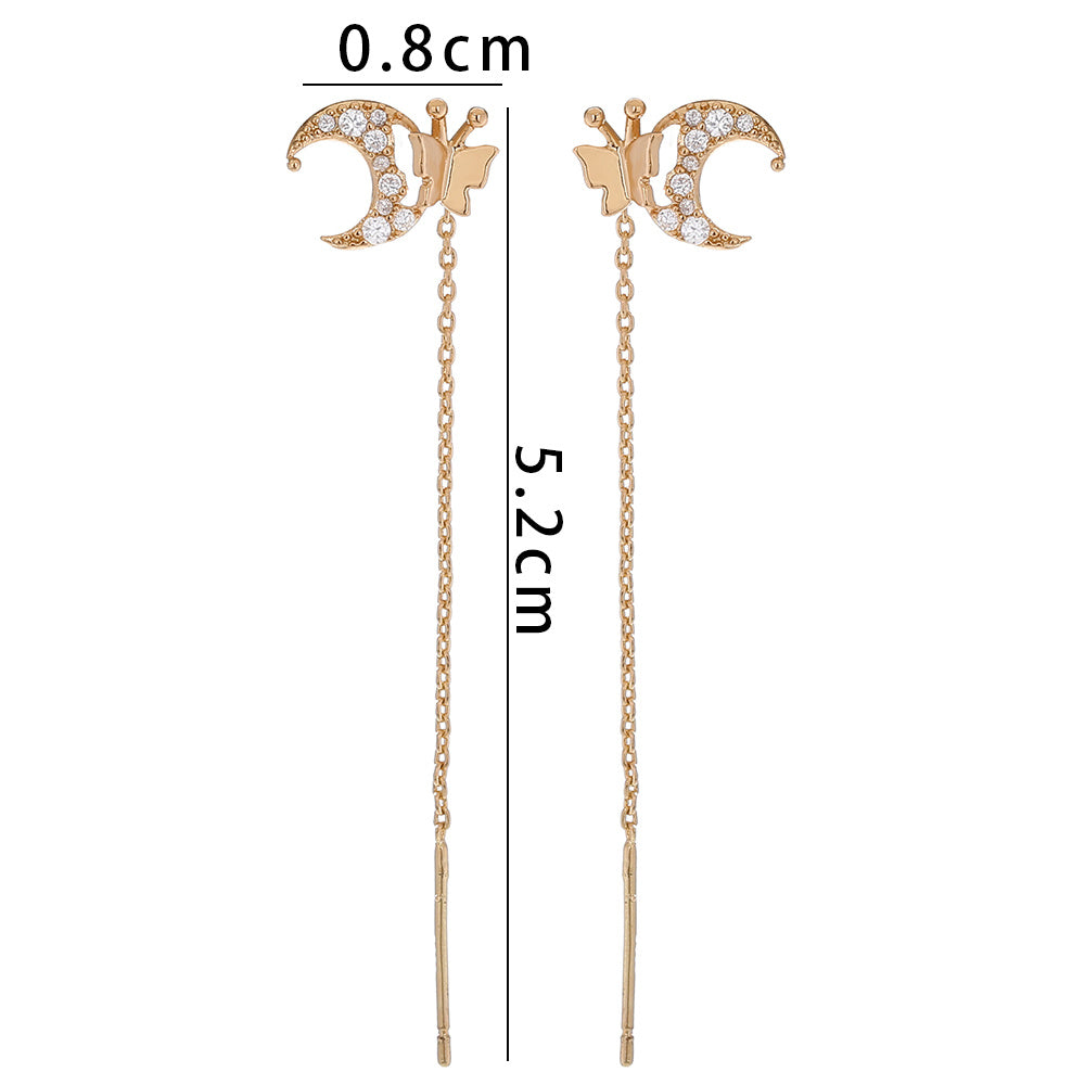 New Style Stylish Copper Micro-zircon Butterfly Moon Earrings Long Earrings Raise Earholes Earrings Earrings Earrings Female Accessories