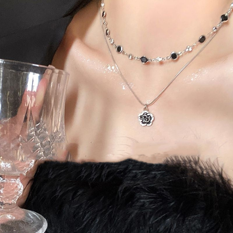 Double-layer Twin Rose Zircon Sweater Necklace For Women