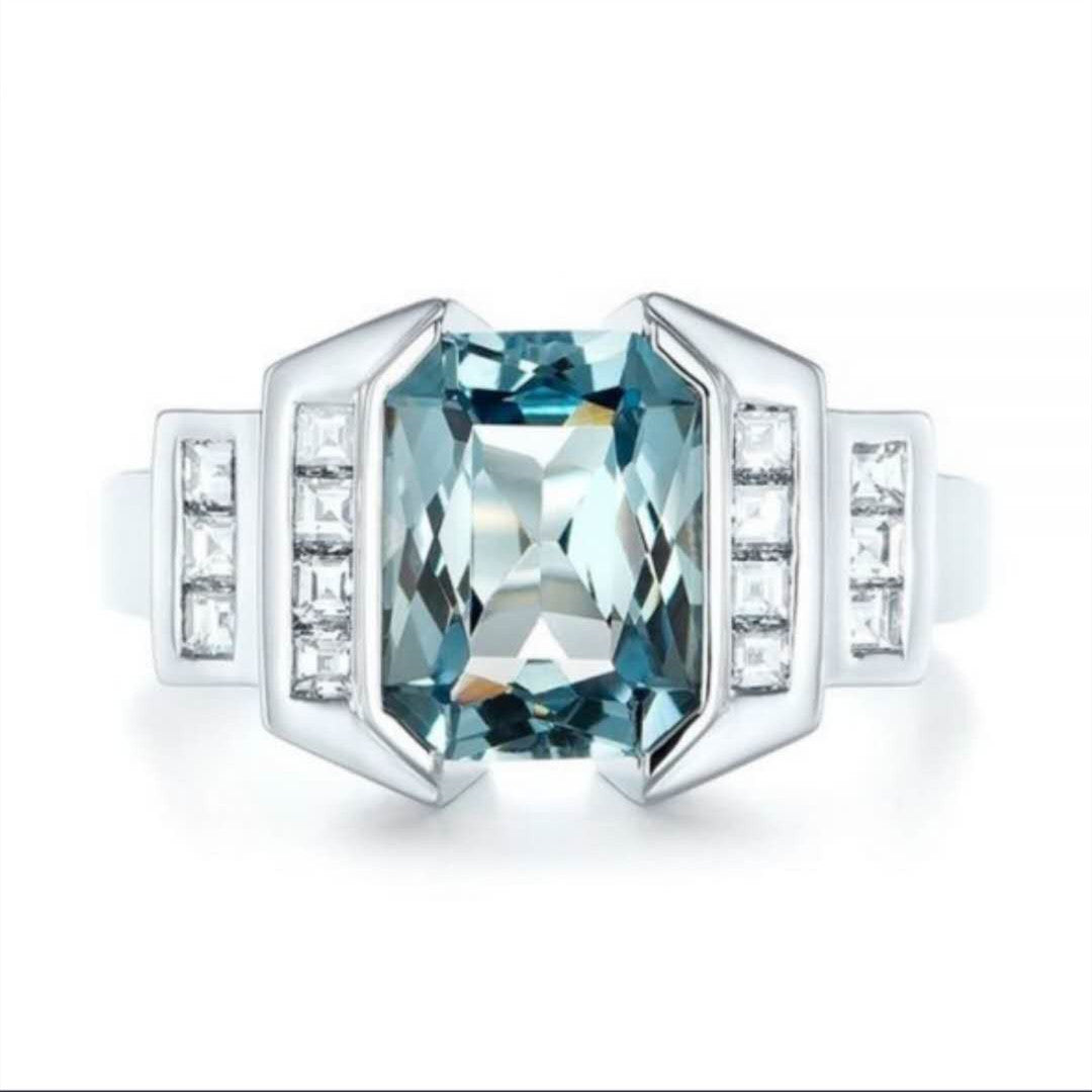 Rectangular Light Sea Blue Zircon Ring