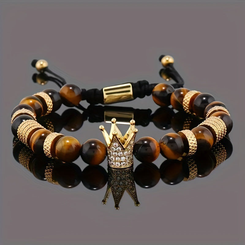 Natural Tigereye Micro Inlaid Zircon Crown Woven Bracelet