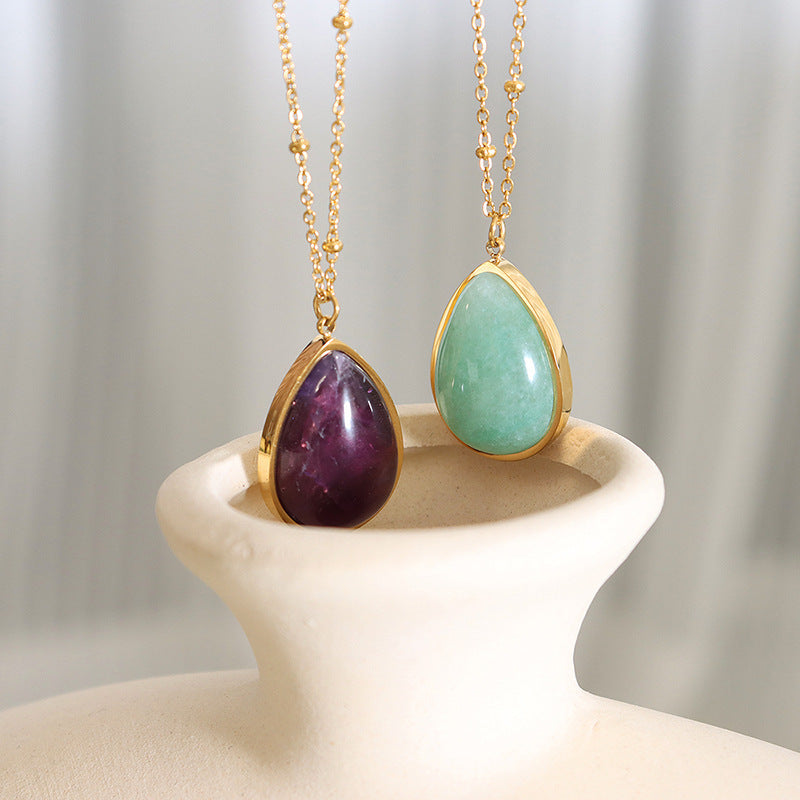 Personalized Natural Raw Gemstone Clavicle Chain Drop-shaped Oval Pendant Necklace