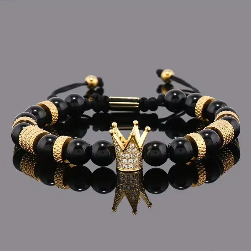 Natural Tigereye Micro Inlaid Zircon Crown Woven Bracelet