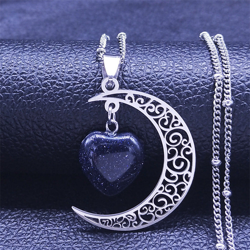 New Natural Stone Stainless Steel Necklace Vintage Moon Heart