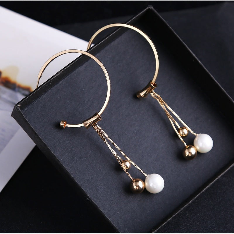 Geometric circle earrings female s925 sterling silver tassel long section pearl earrings fashion hypoallergenic earrings