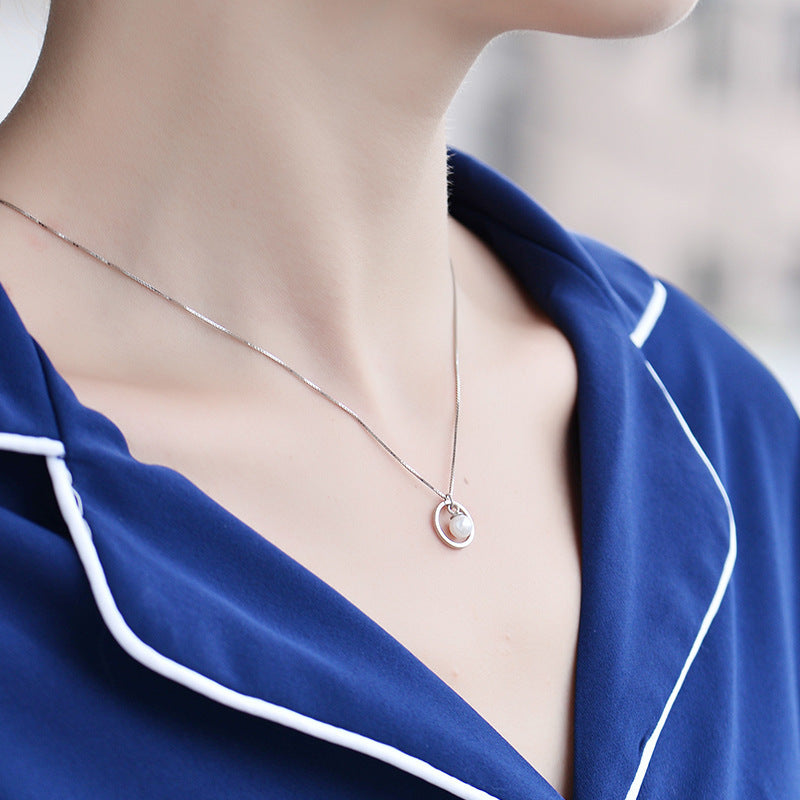 S925 sterling silver circle pearl necklace female Korean simple light bulb clavicle chain short sweet gas 7252