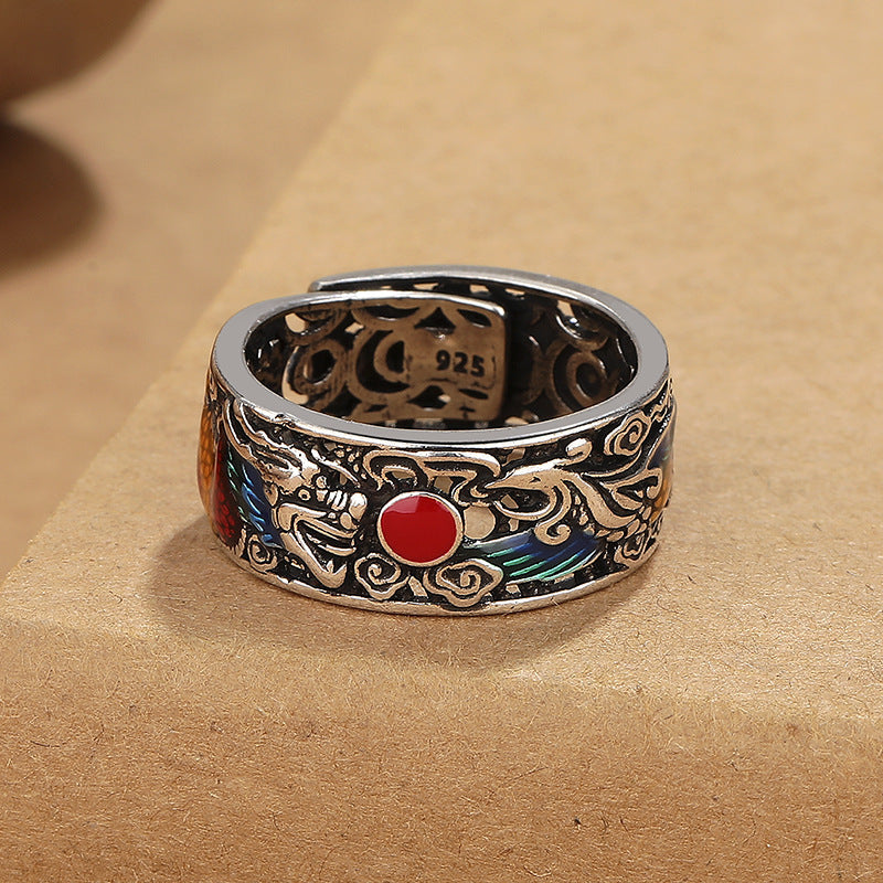 Vintage Ethnic Enamel Prosperity Brought By The Dragon And The Phoenix Ring