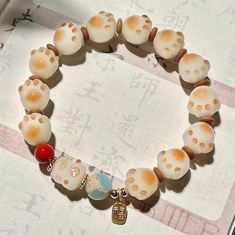 Blessing Card Lucky Cat Beaded Bracelet Charcoal