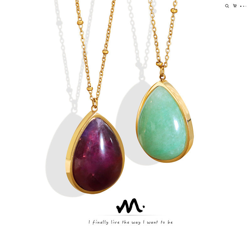 Personalized Natural Raw Gemstone Clavicle Chain Drop-shaped Oval Pendant Necklace