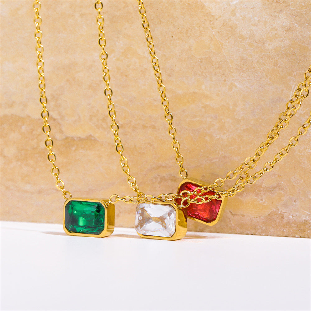 Simple Stainless Steel Square Zircon Three-color Necklace