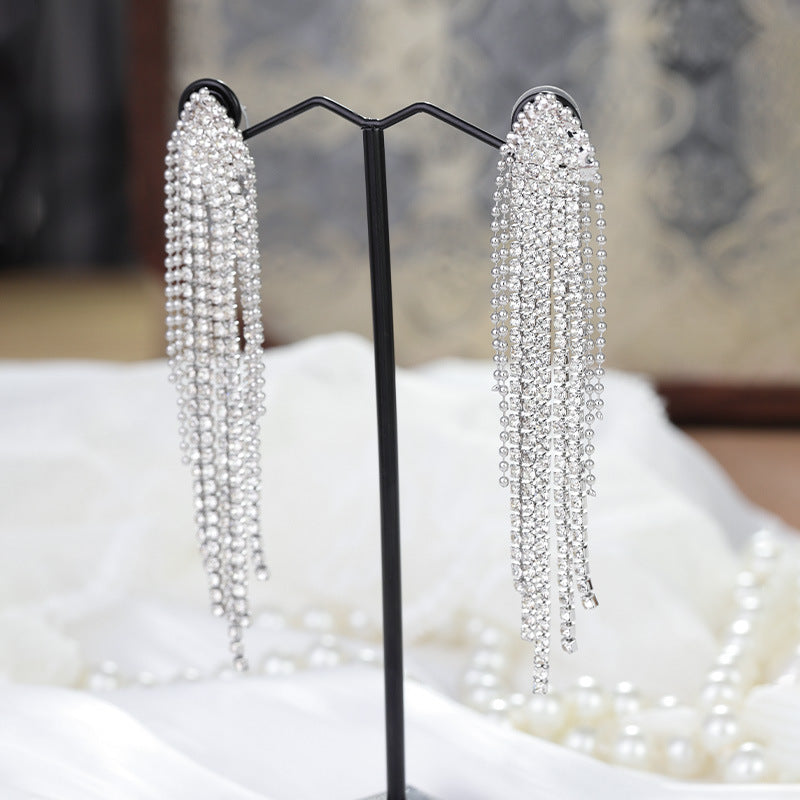 Fashion Long Tassel Full Diamond Earrings Women