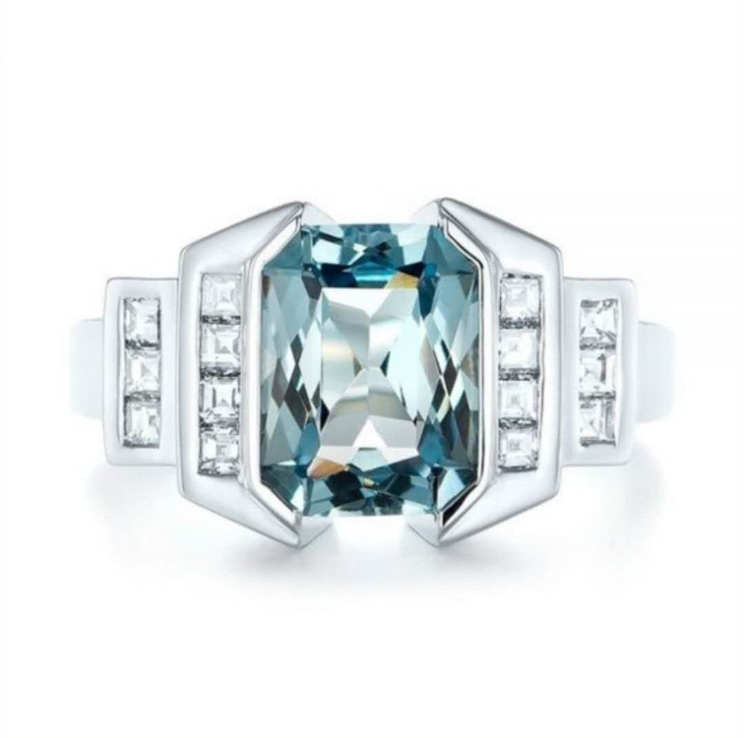 Rectangular Light Sea Blue Zircon Ring