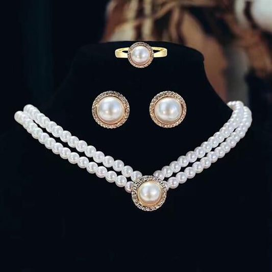 Retro Court Rhinestone Pearl Necklace Ear Stud Women's Simple