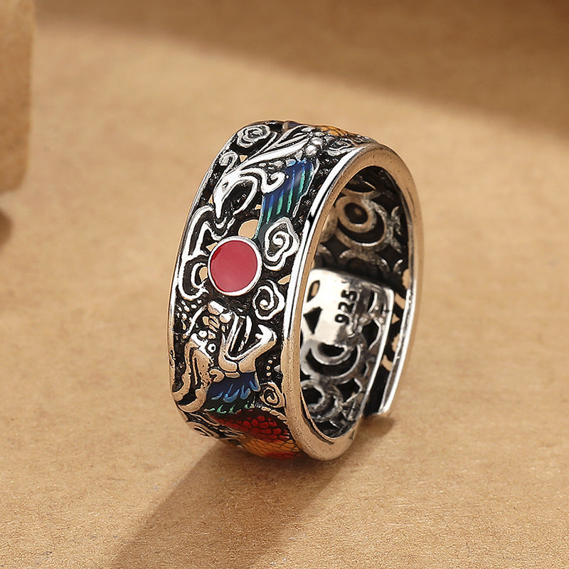 Vintage Ethnic Enamel Prosperity Brought By The Dragon And The Phoenix Ring