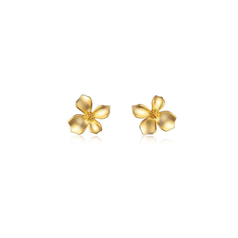 Sterling Silver Vintage Matte Gold Four-petal Flower Stud Earrings For Women