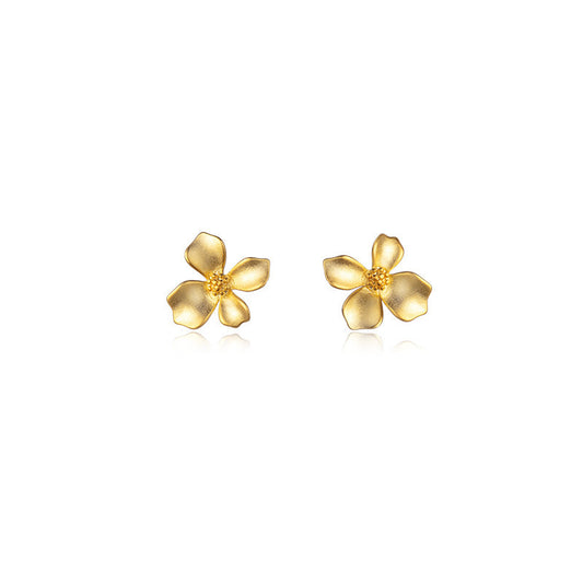 Sterling Silver Vintage Matte Gold Four-petal Flower Stud Earrings For Women