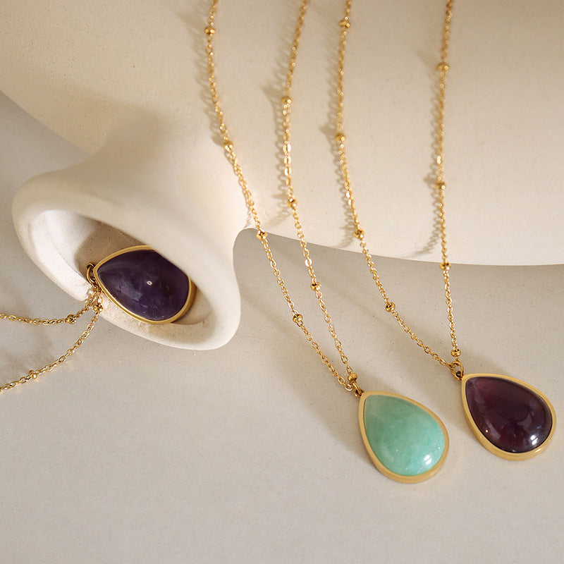 Personalized Natural Raw Gemstone Clavicle Chain Drop-shaped Oval Pendant Necklace