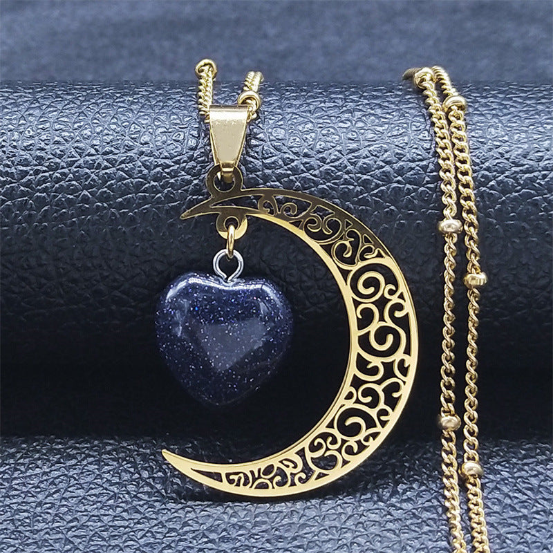 New Natural Stone Stainless Steel Necklace Vintage Moon Heart