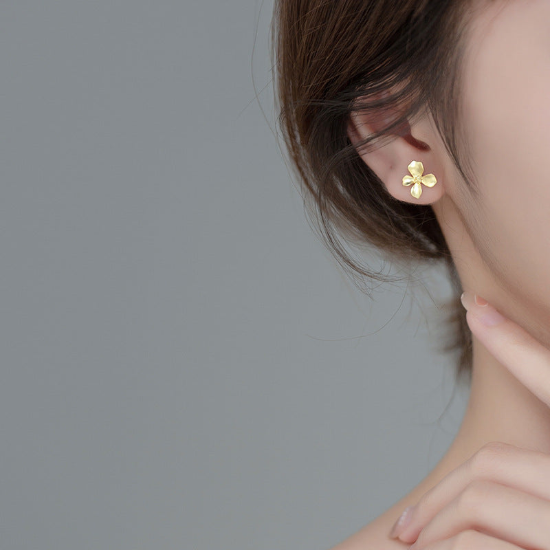 Sterling Silver Vintage Matte Gold Four-petal Flower Stud Earrings For Women