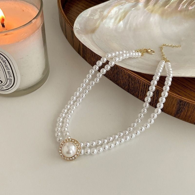 Retro Court Rhinestone Pearl Necklace Ear Stud Women's Simple