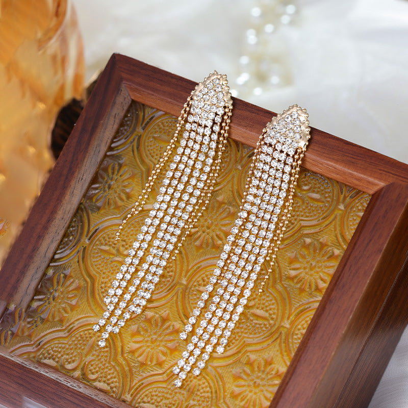 Fashion Long Tassel Full Diamond Earrings Women