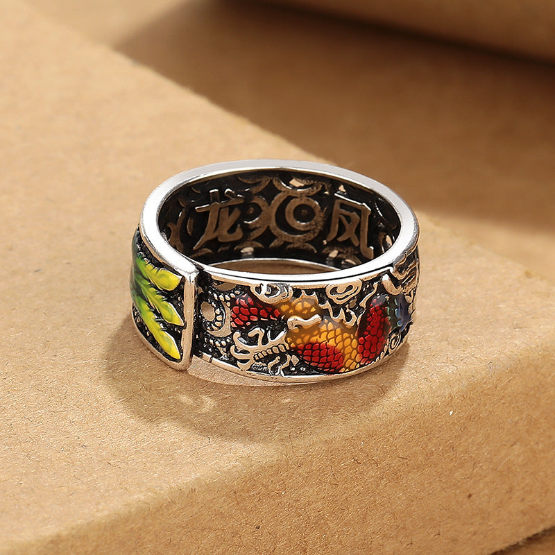 Vintage Ethnic Enamel Prosperity Brought By The Dragon And The Phoenix Ring