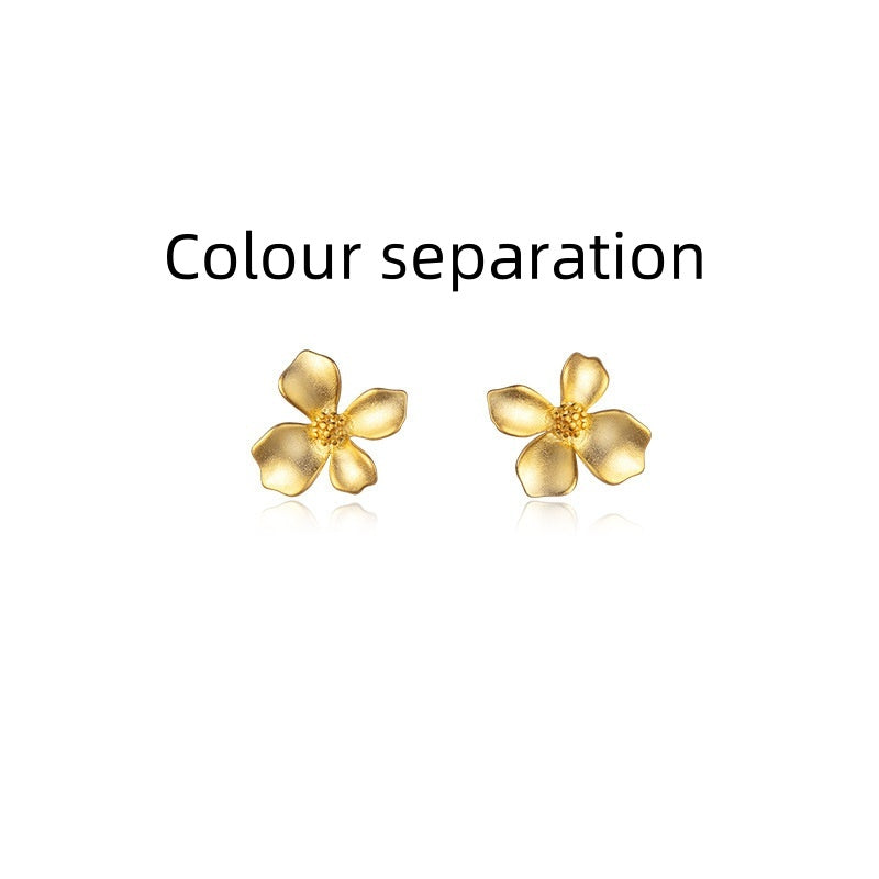 Sterling Silver Vintage Matte Gold Four-petal Flower Stud Earrings For Women