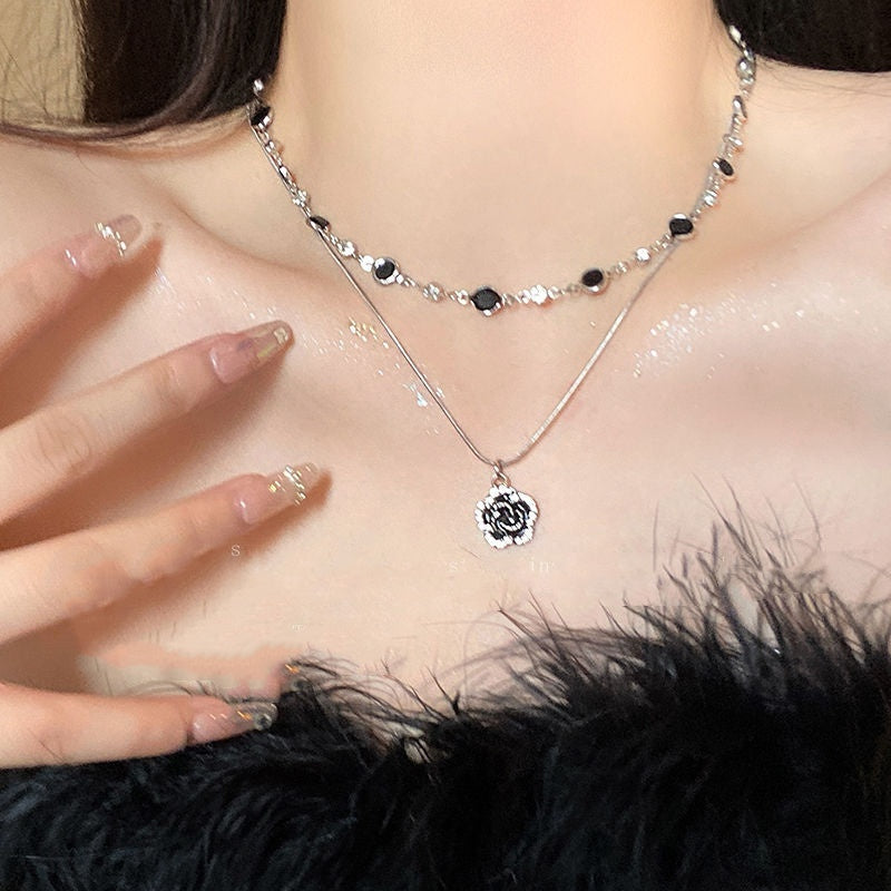 Double-layer Twin Rose Zircon Sweater Necklace For Women